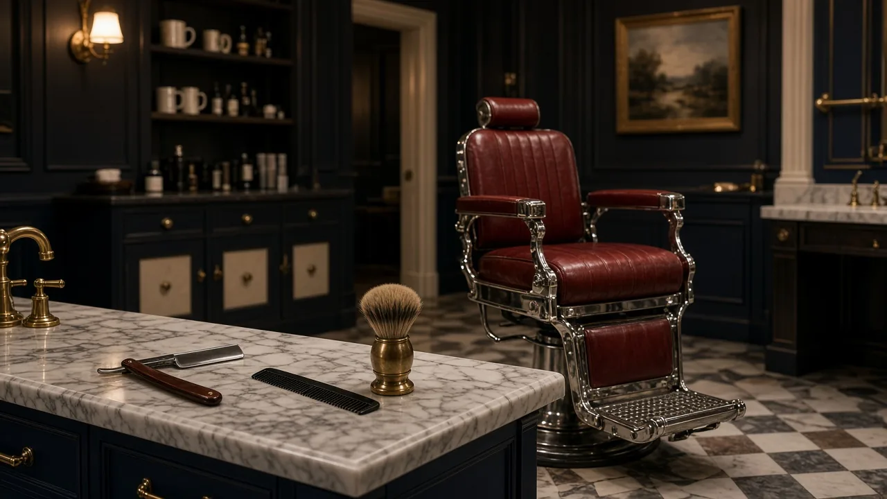 A classic red leather and chrome barber chair in a dark, empty barbershop with a straight razor, comb and shaving brush on a marble counter